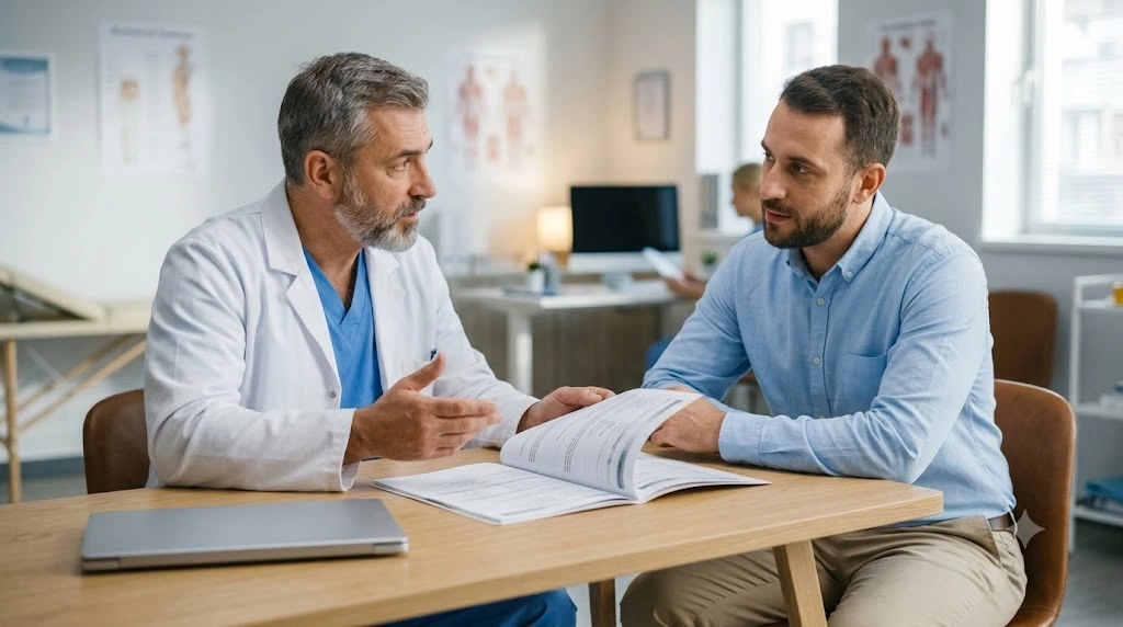 Healthcare professional explaining a GCC medical result to an applicant