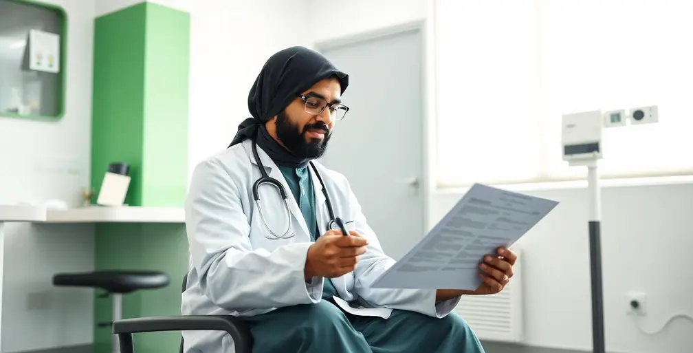 Image (Doctor reviewing medical examination documents in a GCC clinic)