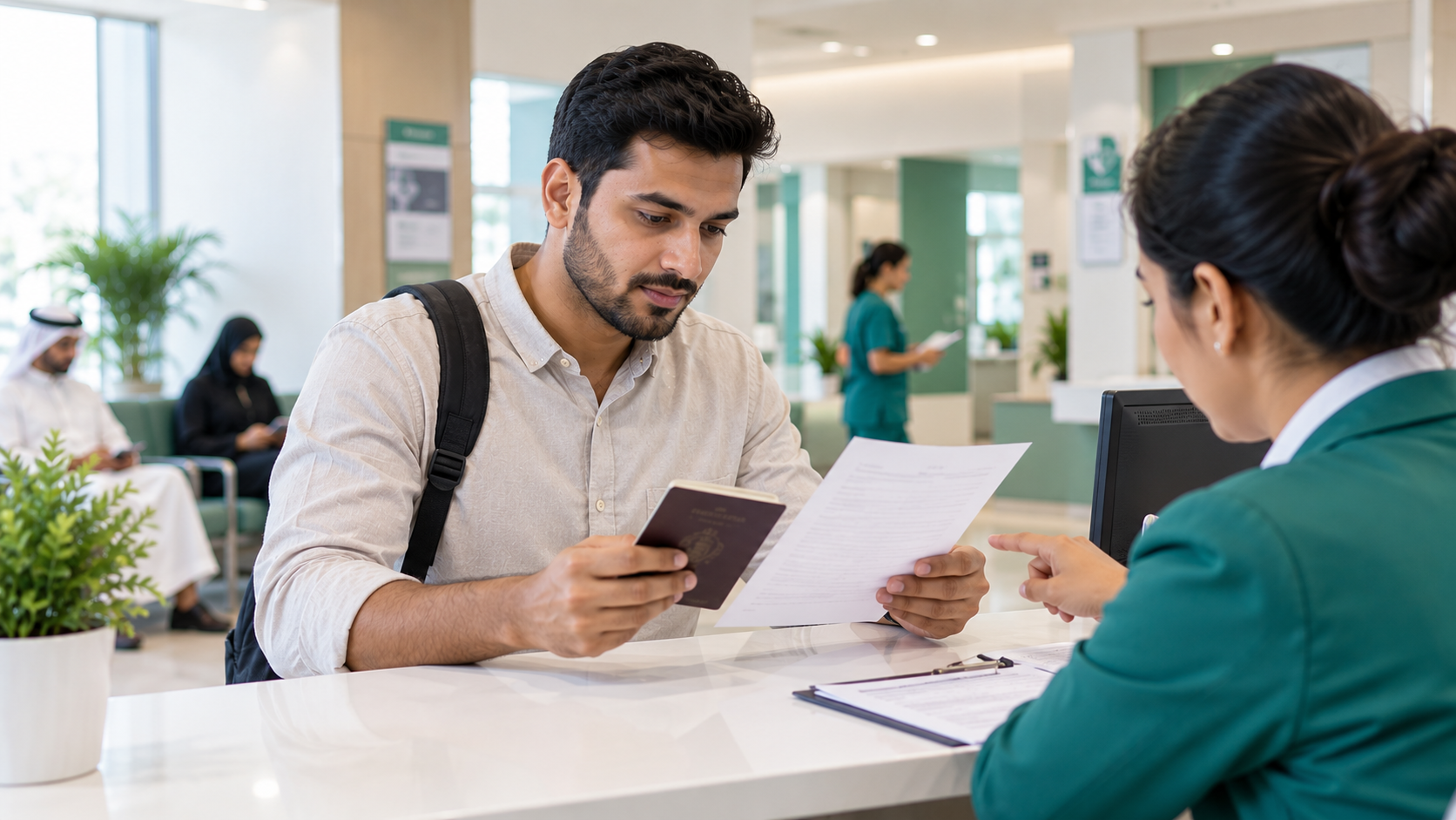 International GCC visa applicant checking a WAFID medical appointment slip at a medical centre.